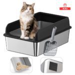 Arenero Gatos Grande Michis Baño Sanitario Acero Inox Con Pala Color Negro Marca KOBA