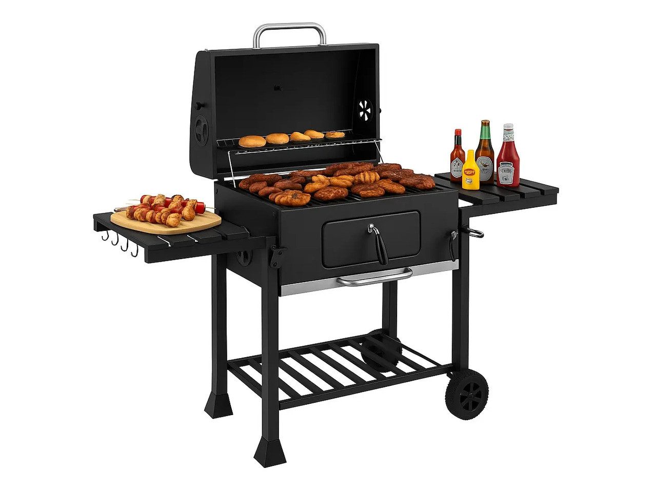 Parrilla a Carbón EOLAND Móvil con Mesa Auxiliar y Tapa Parrilla a Carbón EOLAND Móvil con Mesa Auxiliar y Tapa
