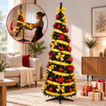 Árbol de Navidad Plegable Aspor de 180 cm, Predecorado Rojo y Dorado Con Luces LED Cálidas