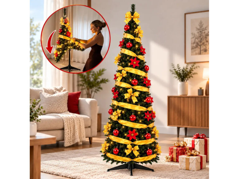 Árbol de Navidad Plegable Aspor de 180 cm, Predecorado Rojo y Dorado Con Luces LED Cálidas